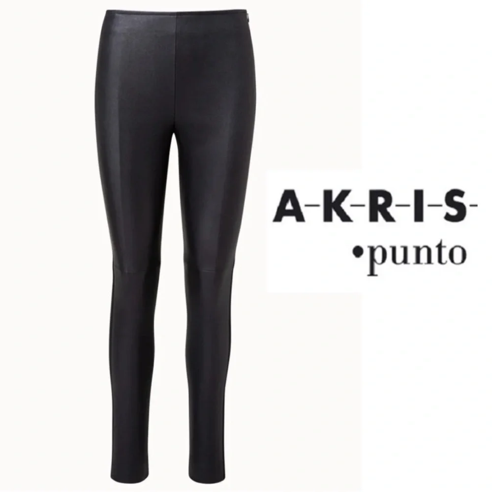 AKRIS Punto Nappa Lamb Fancy Fitted Leather Pants Black Navy 2 stretch Legging